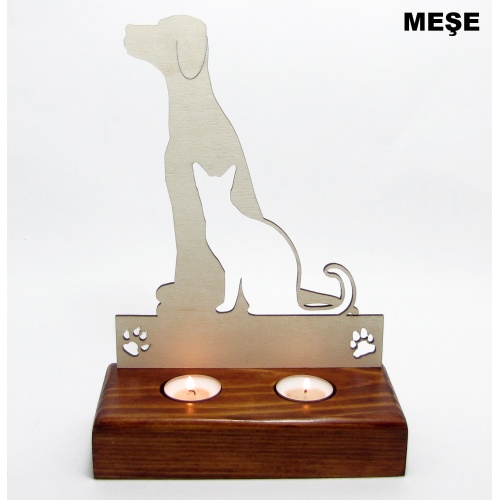 B&D Ahşap Tealight Mumluk Cat Dog Görsel 3