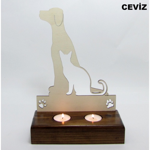 B&D Ahşap Tealight Mumluk Cat Dog Görsel 4